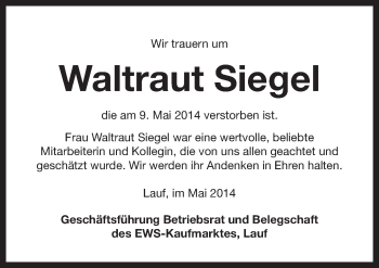 Traueranzeige von Waltraut Siegel von Pegnitz-Zeitung